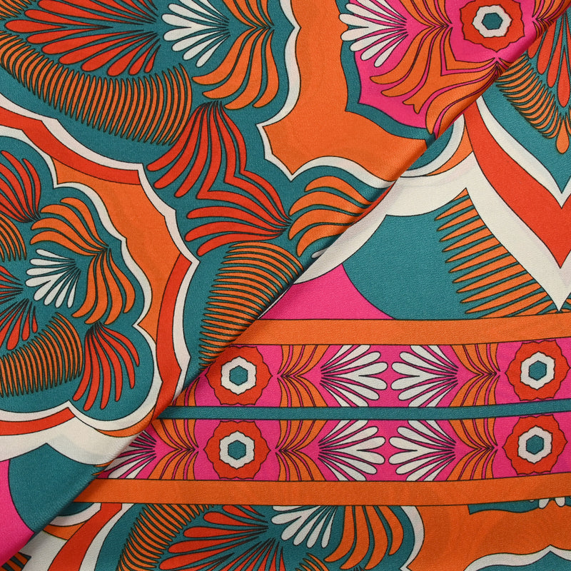Twill de polyester imprimé abondance orange, fuchsia et turquoise