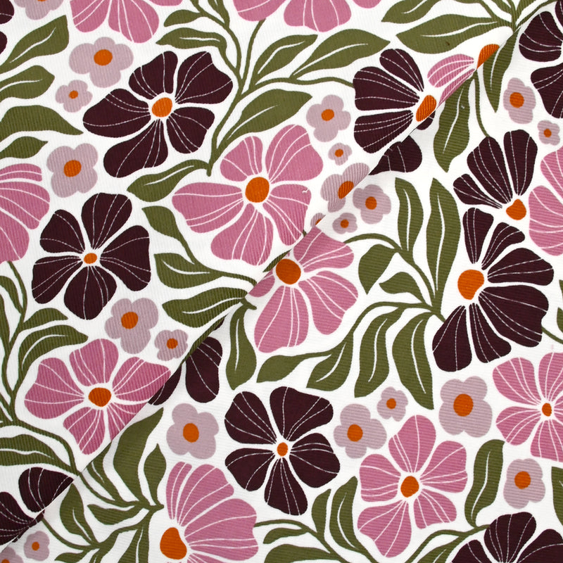 Velours de coton côtelé imprimé botanique rose sur fond blanc