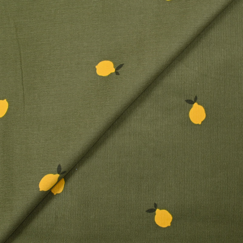 Velours de coton côtelé imprimé citron fond vert