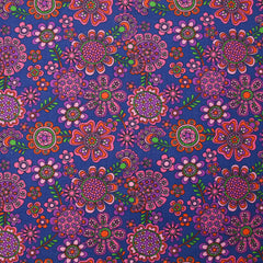 Velours de coton côtelé imprimé fleurs psychédéliques fond indigo