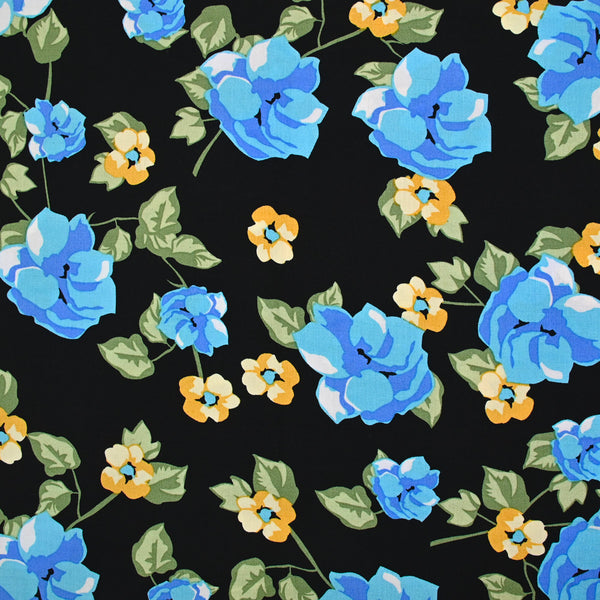 Viscose imprimée bouquet bleu royal fond noir
