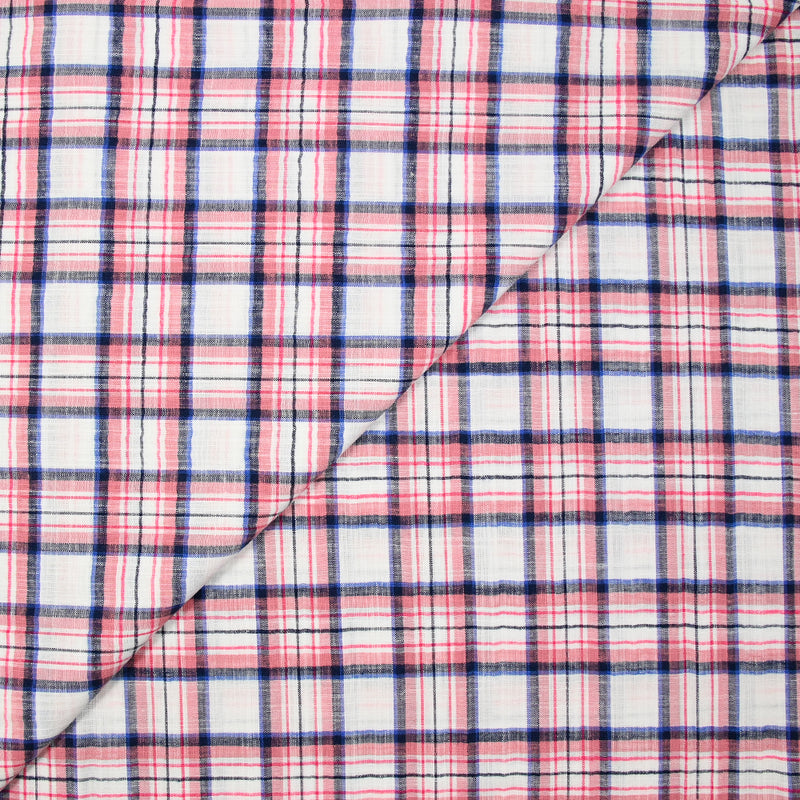 Viscose imprimée carreaux rouge, noir et bleu fond blanc