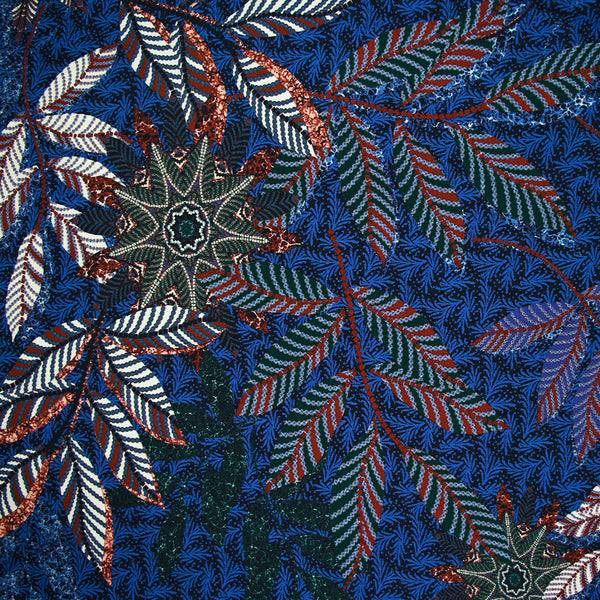 Viscose imprimée collage feuille vert et marron fond bleu roi