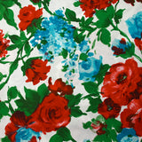 Viscose imprimée éclat de roses rouge et turquoise fond blanc