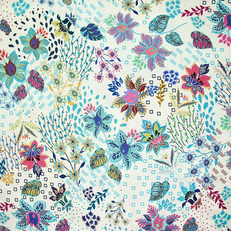 Viscose imprimée explosion florale turquoise fond blanc