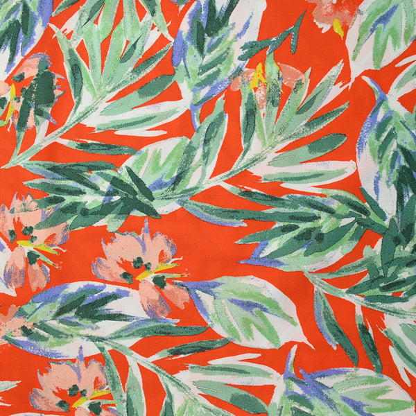 Viscose imprimée feuilles vert d'eau fond orange