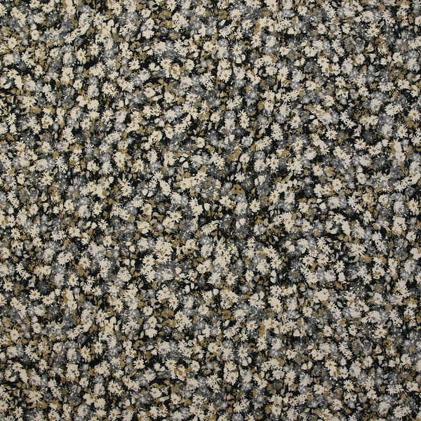 Viscose imprimée fleurs d'automne kaki, gris et écru fond noir
