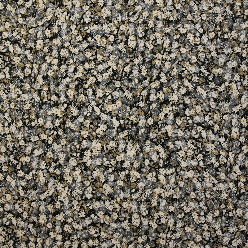 Viscose imprimée fleurs d'automne kaki, gris et écru fond noir