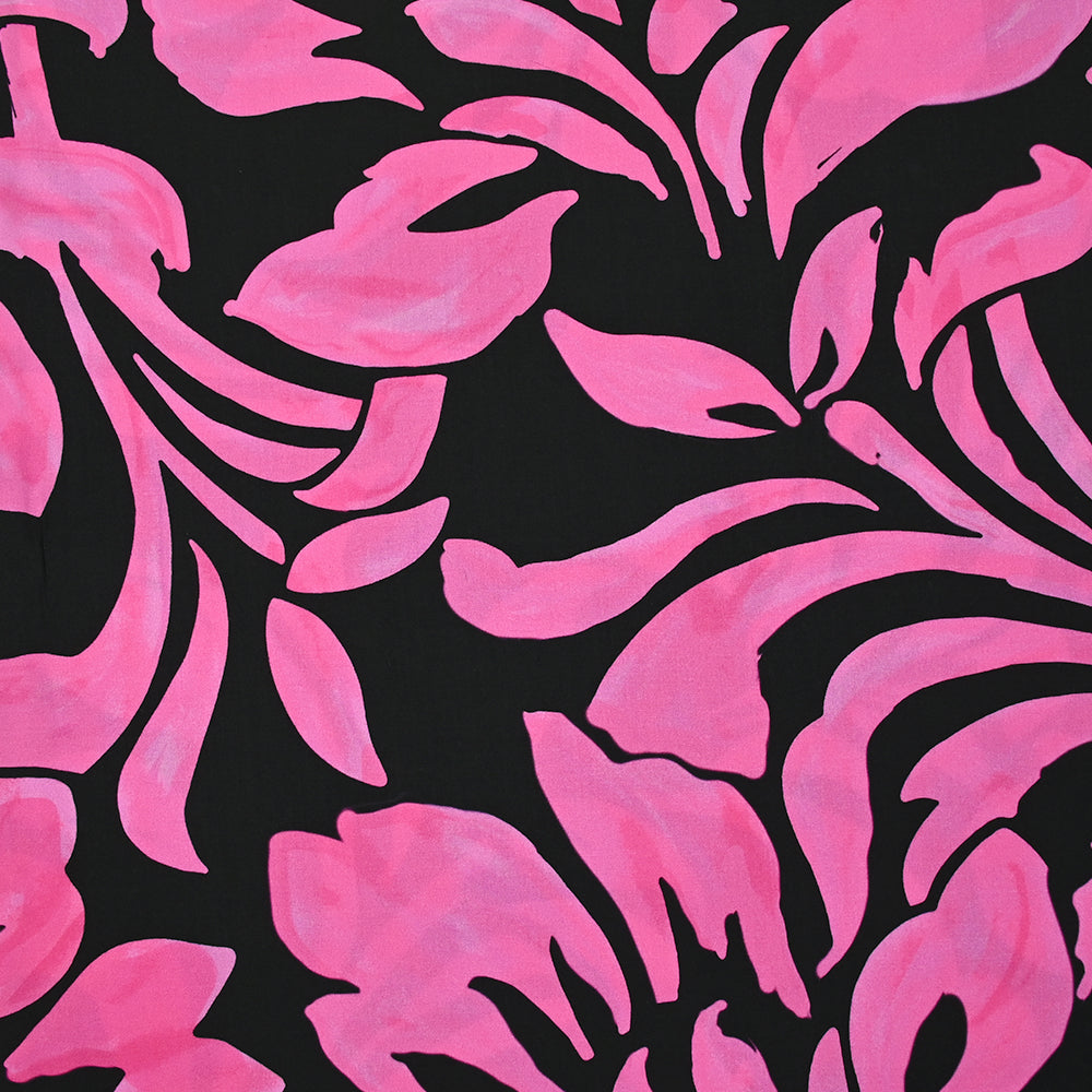 Viscose imprimée fleurs d'Hawaii rose fond noir Les Coupons de Saint
