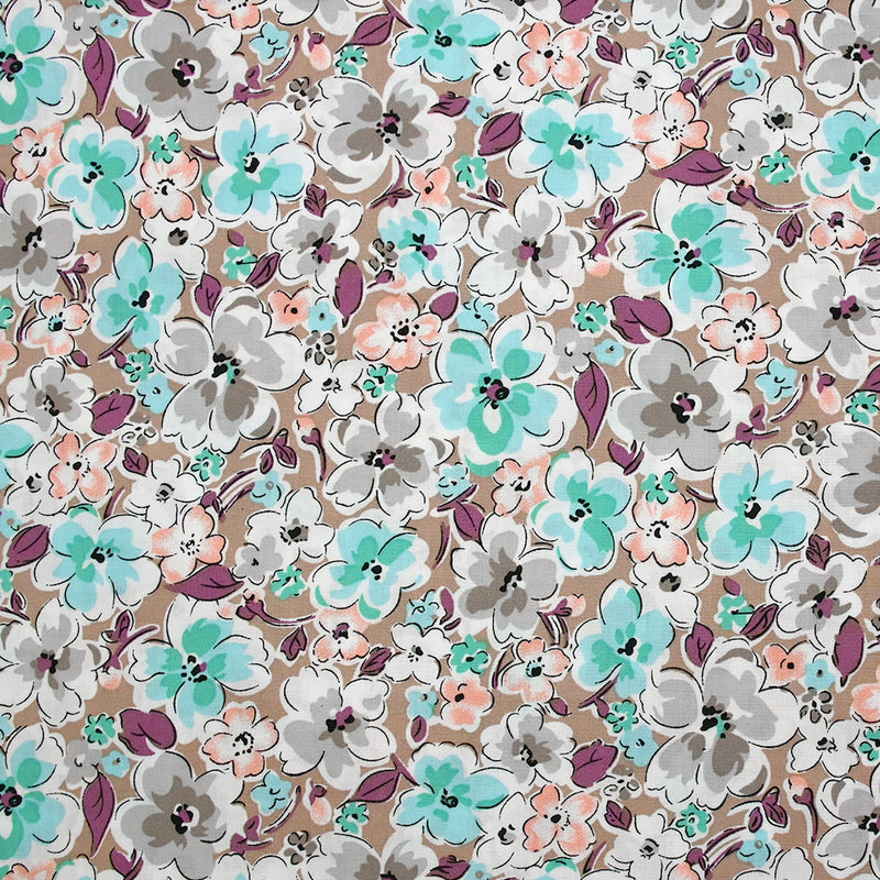 Viscose imprimée fleurs Narcissa fond taupe