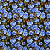 Viscose imprimée fleurs Poppy bleu fond noir