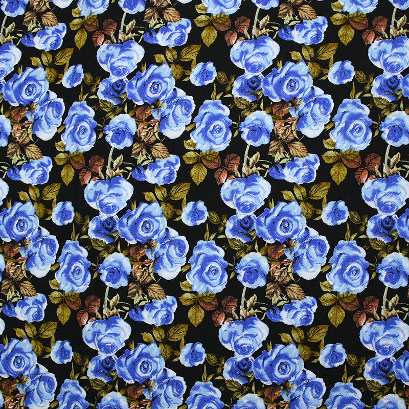Viscose imprimée fleurs Poppy bleu fond noir