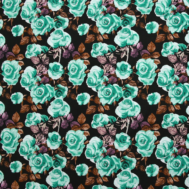 Viscose imprimée fleurs Poppy turquoise fond noir