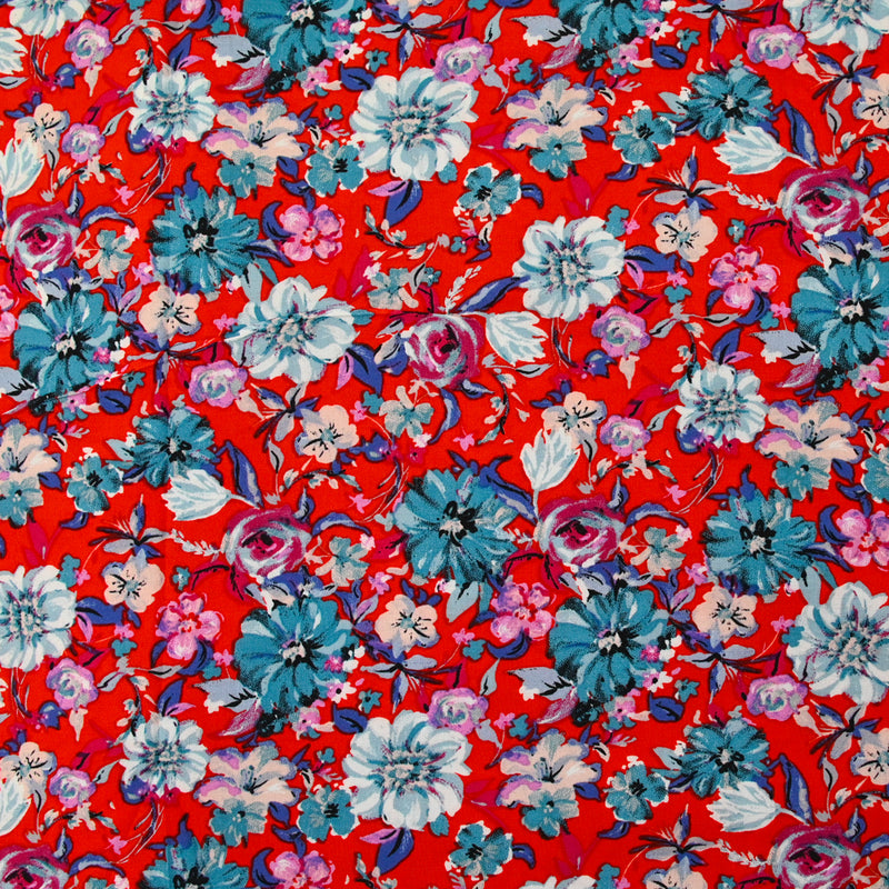Viscose imprimée fleurs turquoise fond rouge