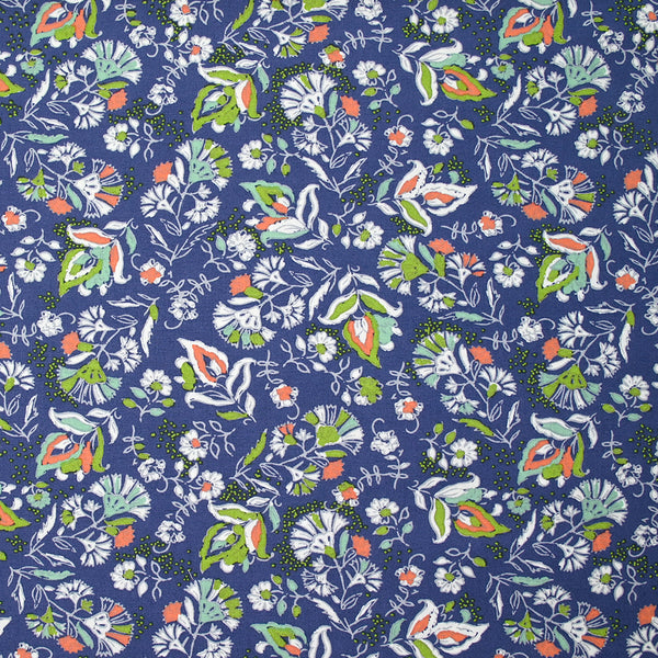 Viscose imprimée Floriane anis et orange fond bleu charrette