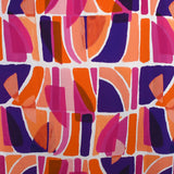 Viscose imprimée formes et couleurs indigo, rose et orange fond blanc