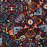 Viscose imprimée frénésie orange, rouge et violet fond noir