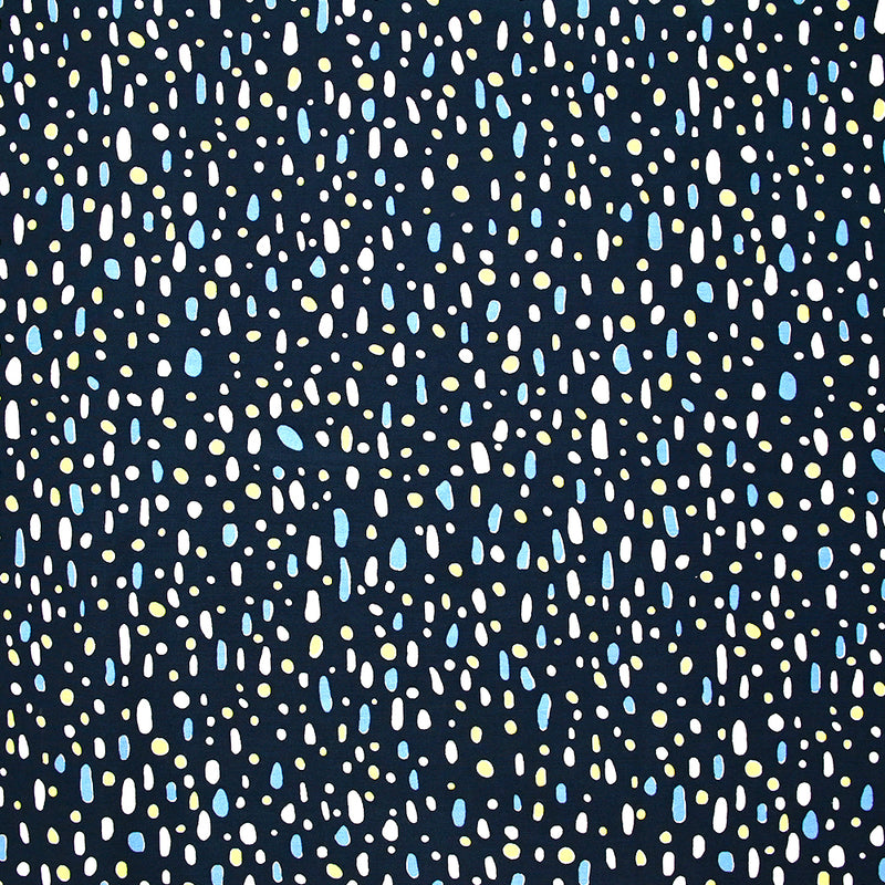 Viscose imprimée galets jaune rose et bleu fond marine