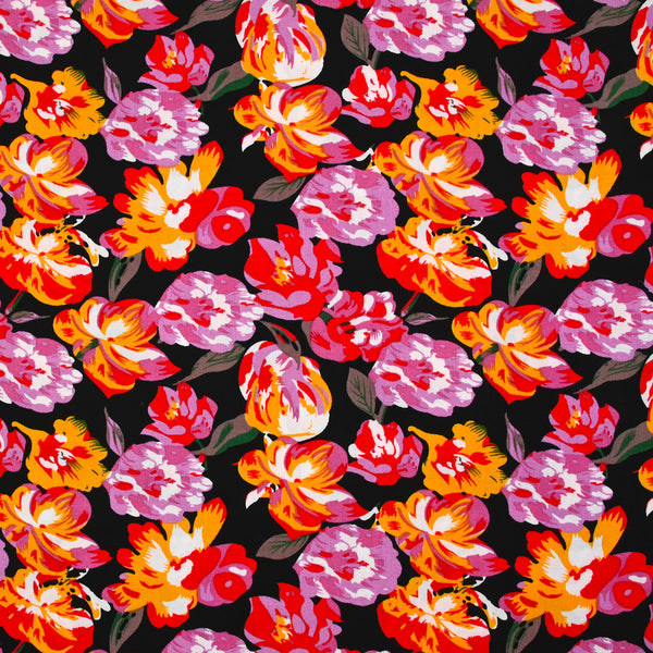 Viscose imprimée jardin d’aquarelle rose fond noir