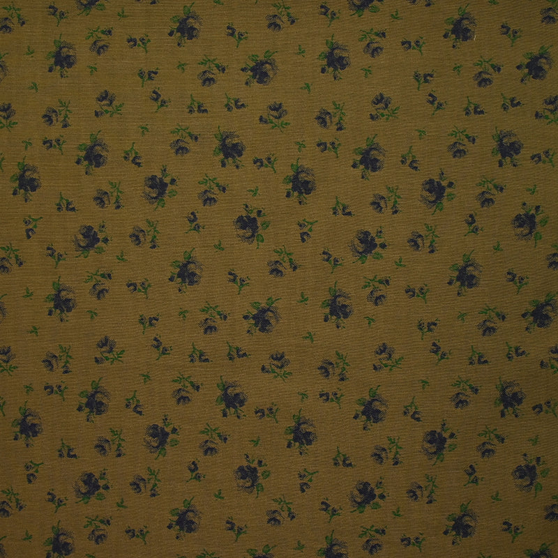 Viscose imprimée légère roses indigo fond marron kaki