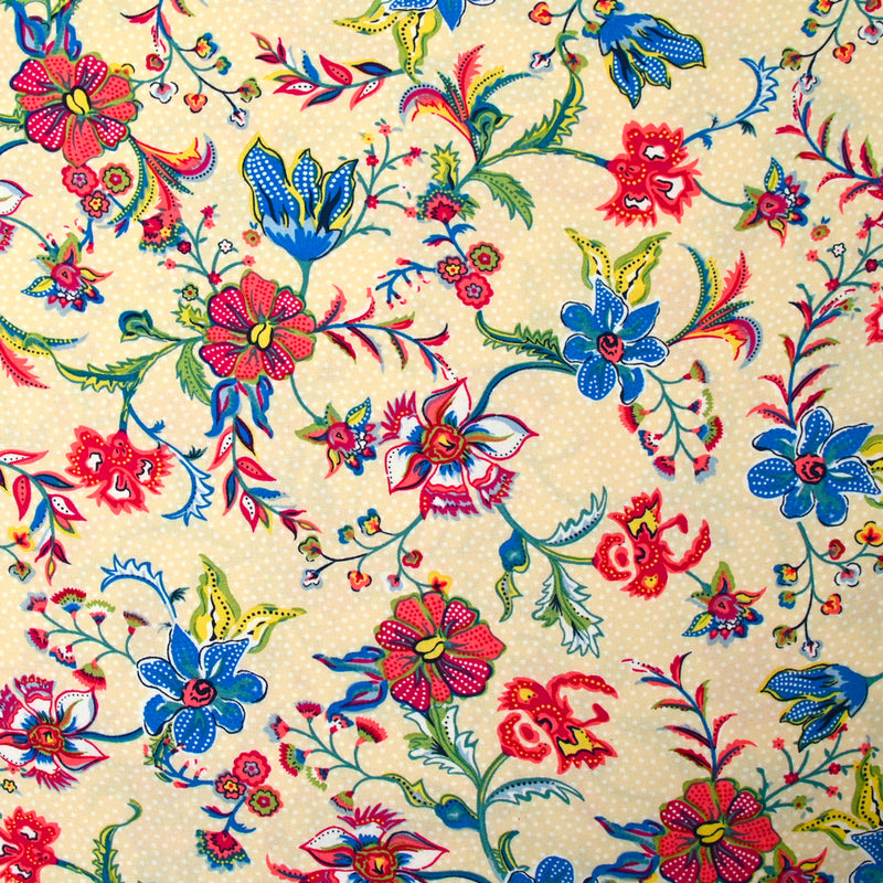 Viscose imprimée liane de fleurs bleu fond sable