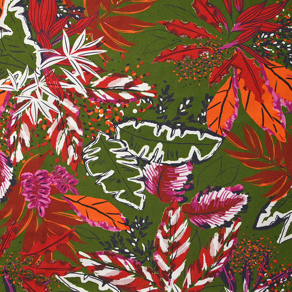 Viscose imprimée nature en fête brique et orange fond kaki