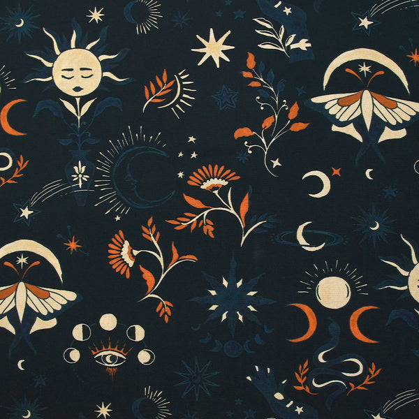 Viscose imprimée nuit astrale fond bleu nuit