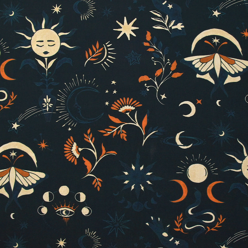 Viscose imprimée nuit astrale fond bleu nuit