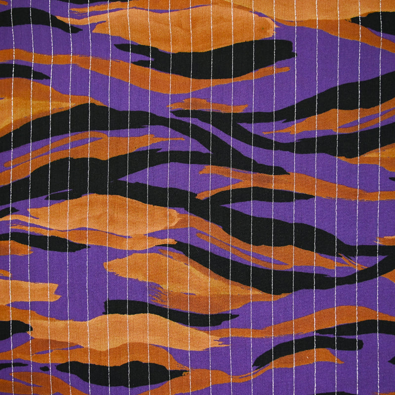 Viscose imprimée rayé lurex argent flamme marron fond violet
