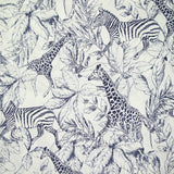 Viscose imprimée savane zèbre et girafe bleu marine fond blanc