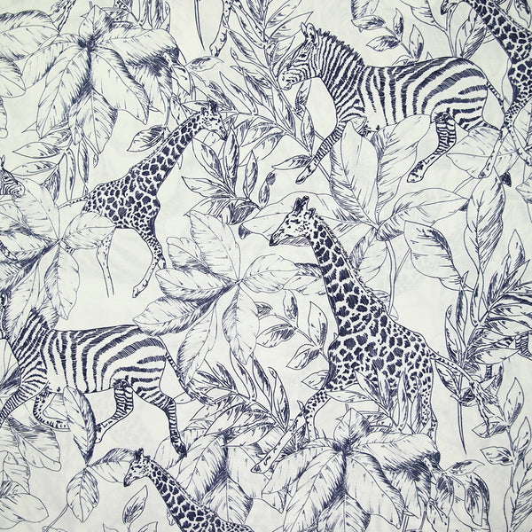 Viscose imprimée savane zèbre et girafe bleu marine fond blanc