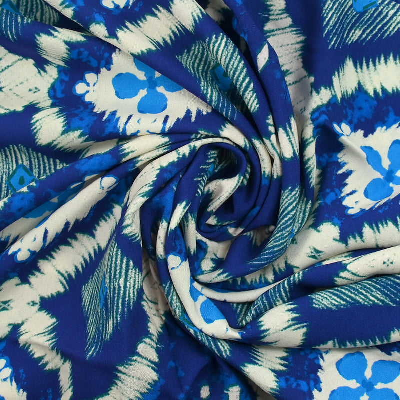 Printed viscose Trides and Blue Waves Ecru background