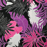 Viscose imprimée végétation tropicale rose et violet fond noir