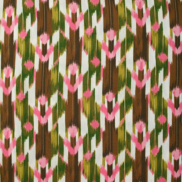 Viscose imprimée vive la vitesse rose, vert et marron fond blanc