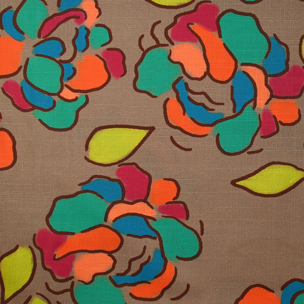 
Viscose tissée imprimée fleurs dessinées fond marron
