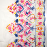 Voile de coton brodé festonné Yrena bleu roi, orange et fuchsia fond blanc cassé