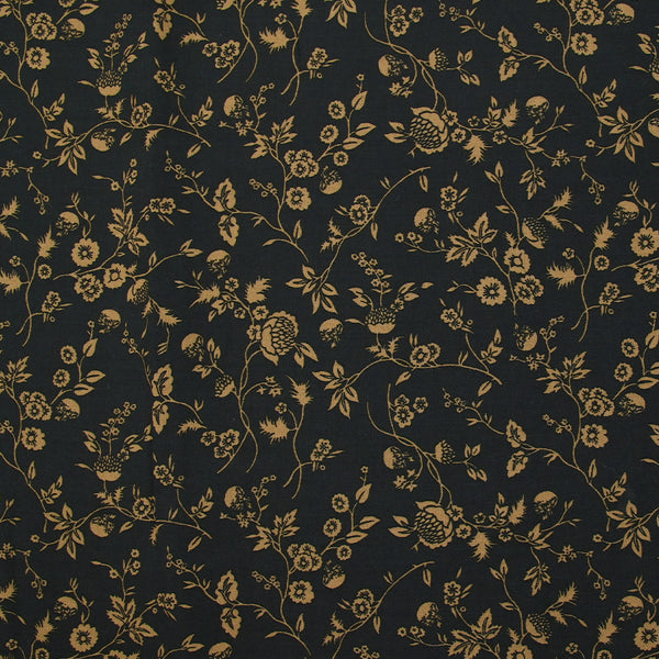 Voile de viscose imprimé branches de fleurs ocre fond noir