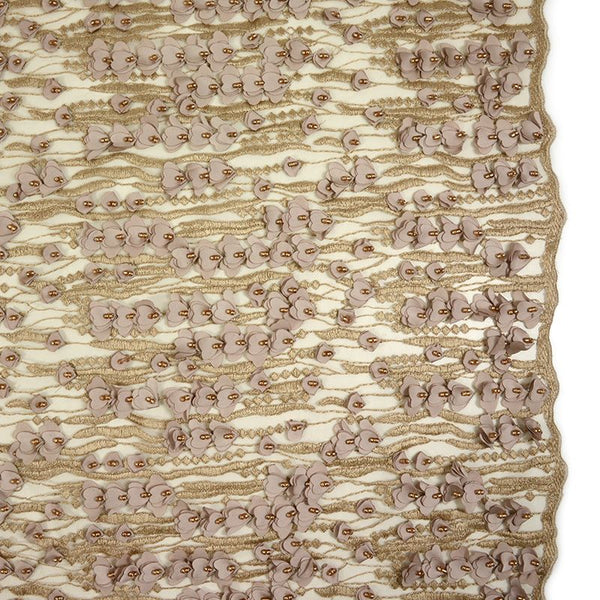 Dentelle tulle brodé et perlé Agathe fond beige doré
