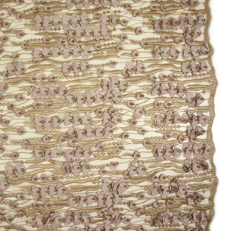 Dentelle tulle brodé et perlé Agathe fond beige doré