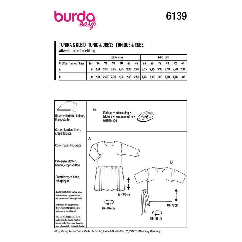 Patron Burda n°6139 : Tunique et robe