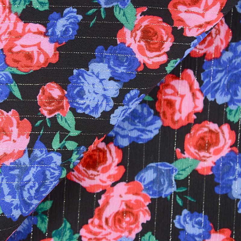 Crépon viscose lurex mes belles roses bleu fond noir