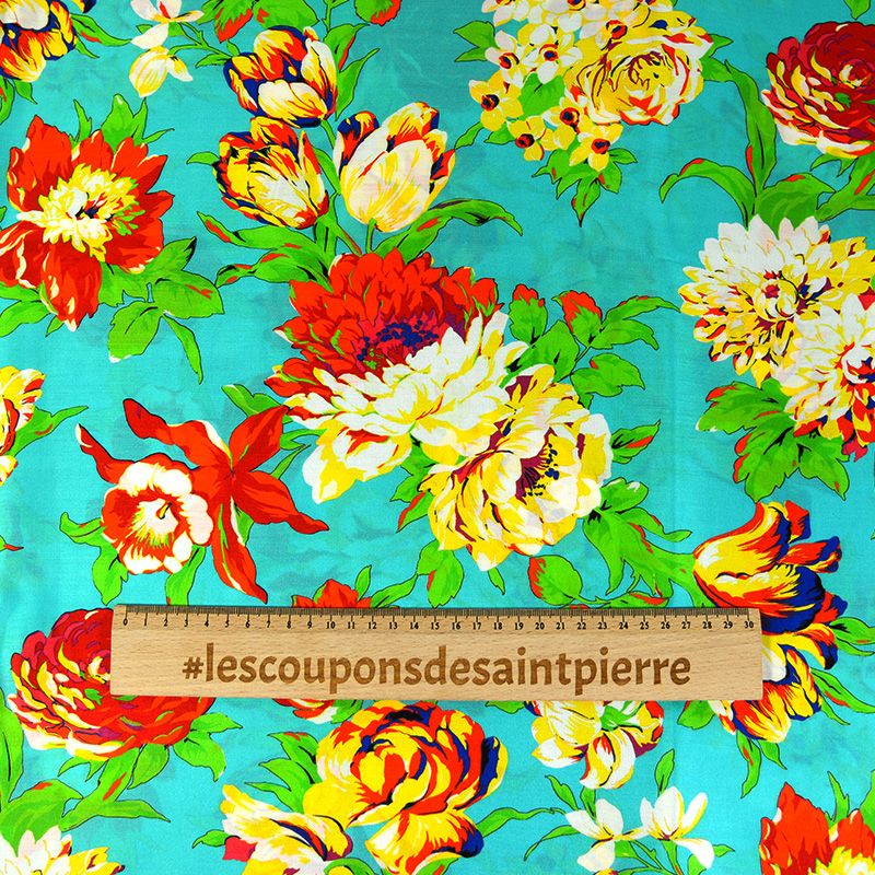 Sergé de soie imprimé pivoine fond turquoise