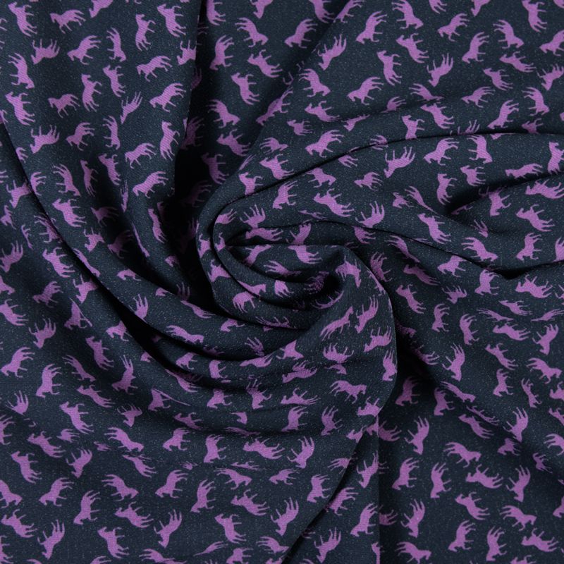 Crêpe imprimé cheval violet fond noir