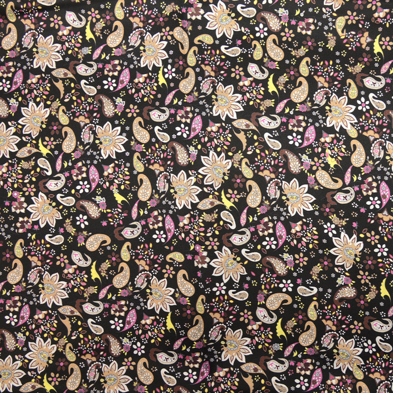 Satin de soie imprimé fleurs de cachemire fond noir