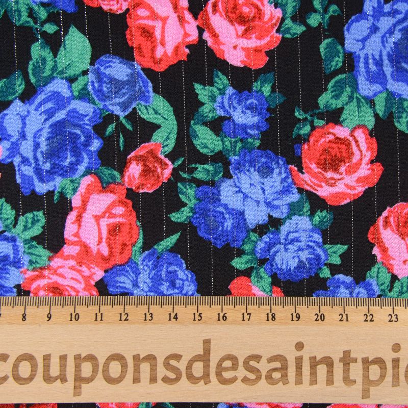 Crépon viscose lurex mes belles roses bleu fond noir