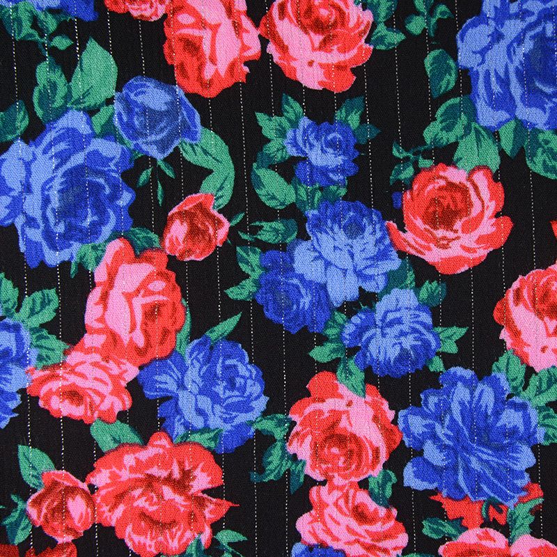 Crépon viscose lurex mes belles roses bleu fond noir