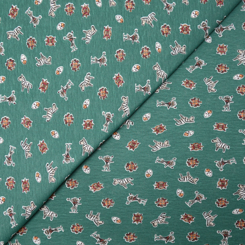 Jersey de coton imprimé zèbre fond bleu vert
