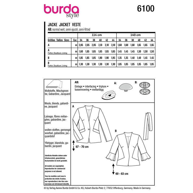 Patron Burda n°6100: Veste