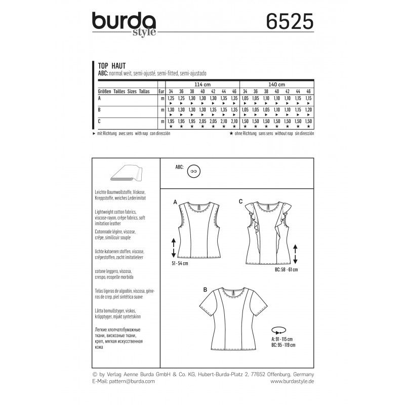 Patron Burda n°6525:  Top simple