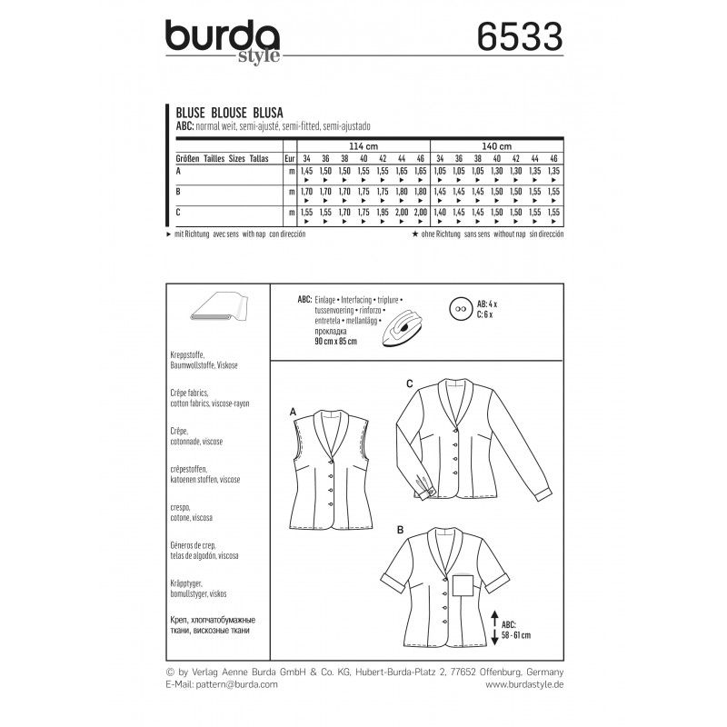 Patron Burda n°6533:  blouse à col châle